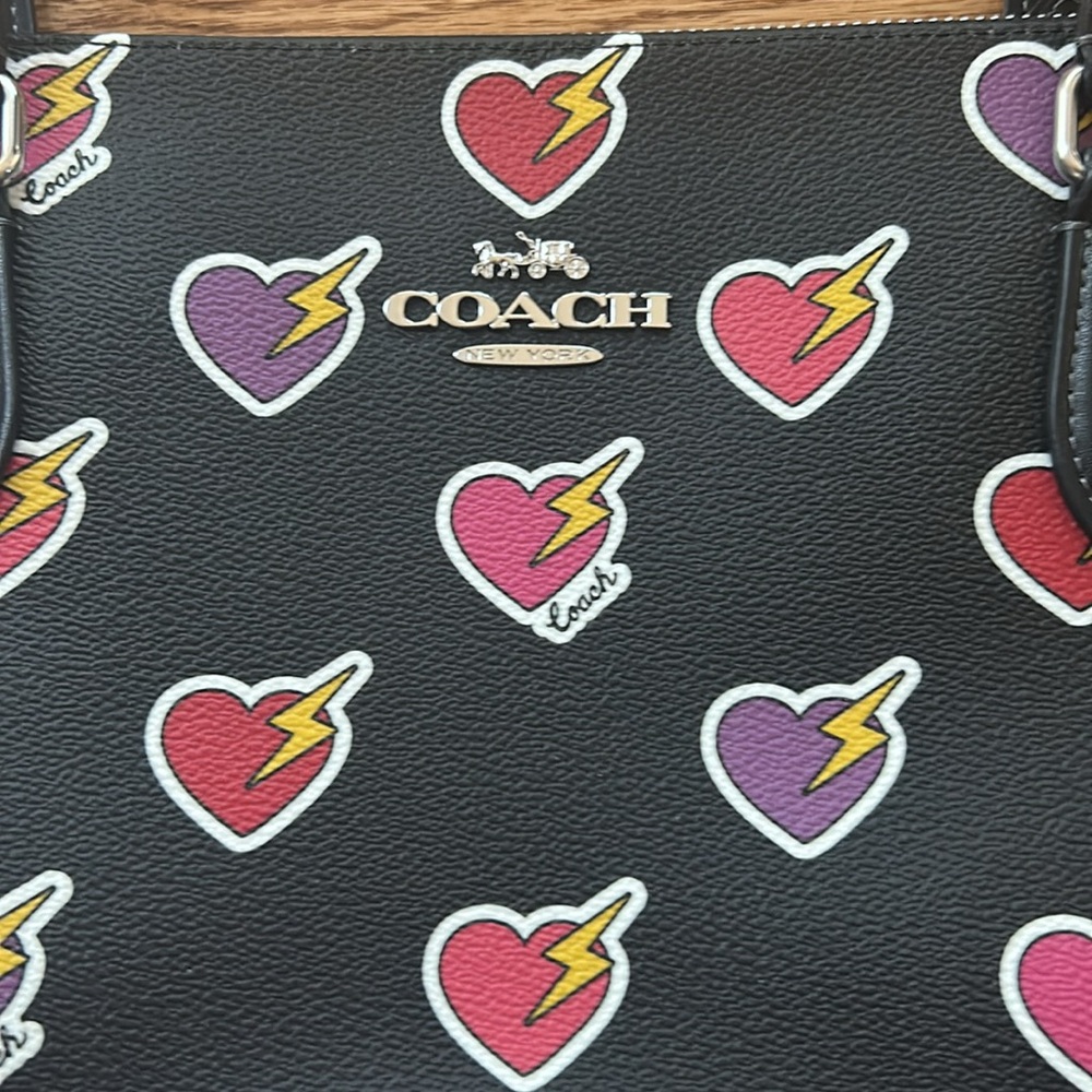 Coach Black Tote with Pink, Purple, Red and Yellow Heart Print - Picture 5 of 16